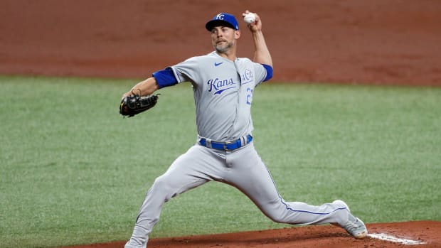 May 26, 2021; St. Petersburg, Florida, USA; Kansas City Royals starting pitcher Mike Minor (23) throws a pitch in the first inning agains the Tampa Bay Rays at Tropicana Field. Mandatory Credit: Nathan Ray Seebeck-USA TODAY Sports